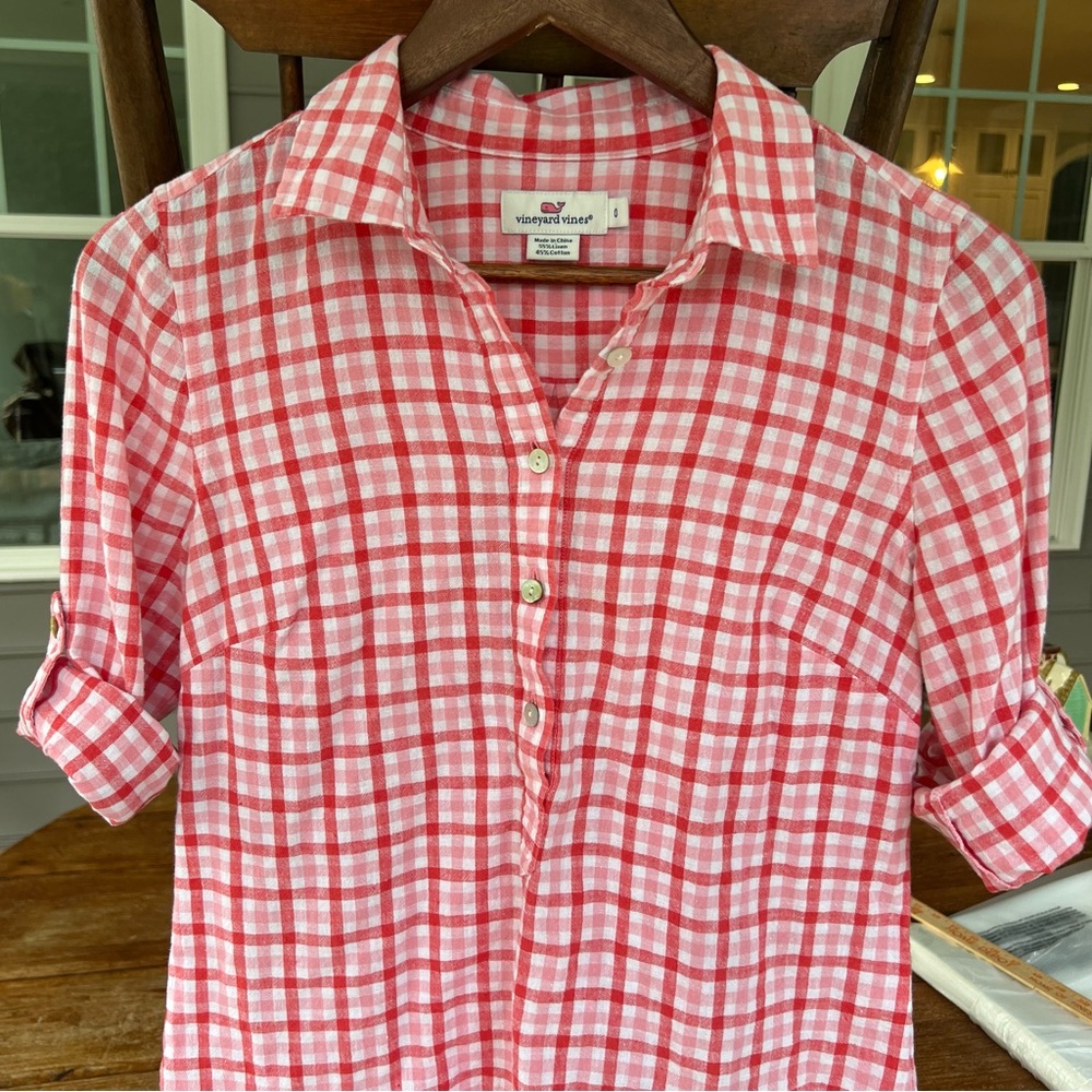 Vineyard Vines Red Pink Gingham Linen Cotton Button Blend Down Shirt Top Size 0 - Picture 10 of 16